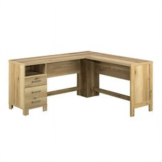 the corner desk is made from wood and has two drawers on each side, with one drawer open