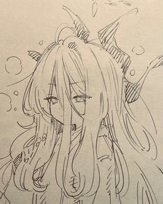 a drawing of a girl with long hair and fish on her head, in the water