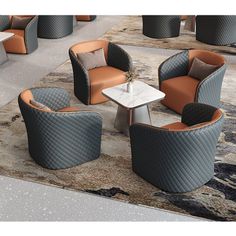 a group of chairs and tables sitting on top of a carpeted floor next to each other