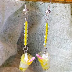 Lemon Italian Cream Soda Earrings Yellow Summer Jewelry Gift, Yellow Jewelry For Summer Gifts, Party Jewelry With Yellow Ear Wire, Yellow Jewelry With Ear Wire For Party, Neon Yellow Summer Beach Jewelry, Handmade Yellow Jewelry For Summer, Casual Yellow Earrings Perfect For Gifts, Casual Yellow Earrings For Gift, Casual Handmade Yellow Earrings