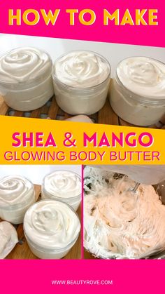 HOLY COW! This is the ultimate body butter recipe for glowing skin. Yes it creamy, glides on to the skin and leaves my dry skin moisturized and smooth to the touch! Shea & Mango Butter are my new favorite natural butters to use when I make body butter! You should definately whip some up! 🎯 #bodybutter #bodybuttercream Mango Shea Butter Recipe, Shea And Mango Body Butter Recipe, Triple Butter Melt And Pour Soap Recipe, For Dry Skin Remedies, How To Make Body Butter At Home, How To Make Body Butter, Vanilla Body Butter Recipe, Mango Butter Recipe, Body Butter Business