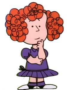 a cartoon girl with red hair is standing in front of a white background and has her hand on her chin