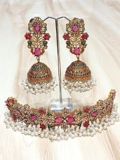 Nuratan chokers  with oversized Jhumkas            IN STOCK READY TO SHIP Pink Tilla Traditional Jhumkas, Elegant Pink Cutdana Jhumkas, Nikkah Pink Jewelry, Heavy Pink Bollywood Jewelry, Pink Bollywood Wedding Choker, Indian Jewelry Set, Fashion Usa, Lehenga Designs Simple, Indian Wedding Wear