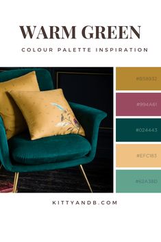 a green chair with pillows on it and the words warm green color palette