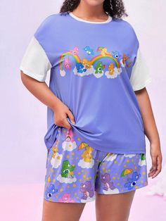 Plus Size Women Adorable Homewear  Heart, Star, Rainbow, Bear Cartoon Print White Contrast Panel Round Neck Drop Shoulder Loose Blue T-Shirt And Shorts Pajama Set Multicolor   Short Sleeve Knitted Fabric Cartoon  High Stretch Summer Women Plus Sleep and Lounge, size features are:Bust: ,Length: ,Sleeve Length: Dinosaur Pajamas Women, Disney Pjs For Women, Star Pajamas, Disney Pjs, Cartoon High, Characters Aesthetic, Dinosaur Pajamas, Casual Halloween, Shorts Pajama Set