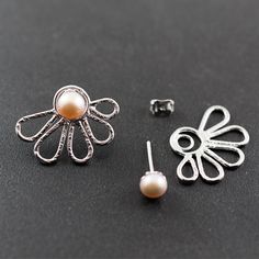 Ear jacket earrings pair of light pink pearl studs by emmanuelaGR Gold Earring Studs, Black Pearl Earrings, Rose Gold Earring, Jacket Earrings, Double Sided Earrings, Earrings Double, Front Back Earrings, Ear Jacket Earring, Earring Jackets