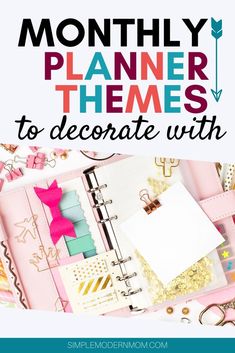 a pink binder with the words, month planner themes to decorate with