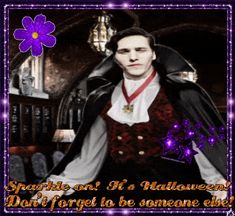 an image of a man in costume with a purple flower on his chest and the words sparkle at it's halloween, don't forget to be someone else