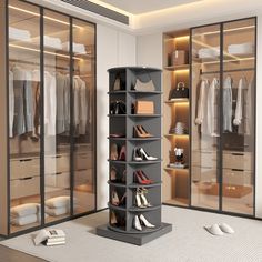 a walk in closet filled with lots of clothes and shoes on shelves next to glass doors