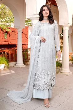 Pearl Shade Embroidered Floral Designed Pakistani Salwar Kameez Suit Chiffon Suit, Suit Pakistani, Pakistani Designer Clothes, Pakistani Salwar, Dress Salwar Kameez, Embellished Neckline, Chiffon Dresses, Pakistani Salwar Kameez, Chiffon Collection