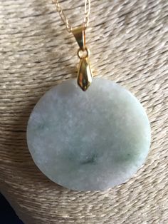 "Green Jadeite Disc Intricate Hand-carved Gem Certified 14Kt Gold Link Chain Pendant Necklace 19\" #919 Size of Disc: 1.5 inch Weight: 13.67g = 68.35 Ct This is hand-strung with 14kt gold. Semi-translucent moss in snow disc in immaculate condition. Comes with the gift of a gem certificate for each of the jadeite bead necklace and celadon nephrite dainty bamboo pendant. Lovely keepsake!" Formal Jade Necklace With Round Pendant, Formal Carved Round Necklace, Formal Round Carved Necklace, Gold Jade Round Necklace, Carved Yellow Gold Round Necklace, Jade Round Large Pendant Jewelry, Round Carved Jade Jewelry, Carved Round Jade Jewelry, Round Jade Jewelry With Large Stone