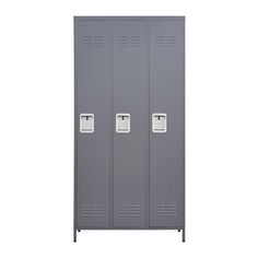 a gray metal locker with two doors