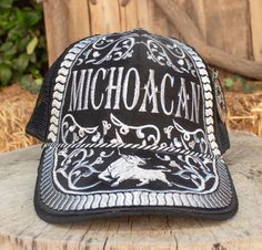 MICHOACAN embroidered bull colored western hat trucker cap Black Trucker Hat With Short Brim For Rodeo, Western Black Snapback Hat For Rodeo, Western Trucker Hat For Festivals, Western Style Adjustable Trucker Hat With Curved Bill, Western Style Hats With Curved Bill For Rodeo, Western Style Curved Bill Hat For Rodeo, Western Style Baseball Cap With Short Brim, Western Style Trucker Hat For Festivals, Rodeo Hat