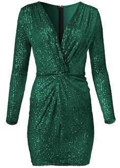 Alternate View Twist-Front Sequin Dress V-neck Mini Dress With Contrast Sequin For Date Night, Contrast Sequin V-neck Mini Dress For Date Night, V-neck Contrast Sequin Mini Dress For Date Night, V-neck Glitter Mini Dress For Party Season, Glitter V-neck Mini Dress For Cocktail, Glitter Sequin V-neck Dress For Cocktail, V-neck Sequin Cocktail Dress With Glitter, Cocktail Sequin Dress With Glitter And V-neck, Glamorous Long Sleeve Mini Dress For Holiday