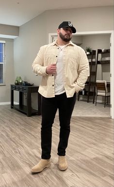 Outfits For Men Plus Size, Mens Cream Jacket Outfit, Men Outfits With Boots, Mens Clothing Styles Bigger Guys, Big Size Outfit Men, Outfit Ideas Big Size Men, 3x Mens Fashion, Mens Plus Size Fall Fashion