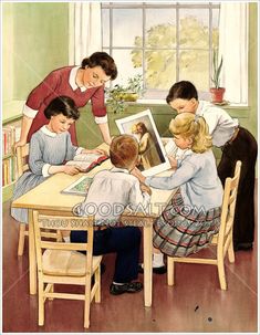 an image of a woman reading to children at a table with pictures on the table