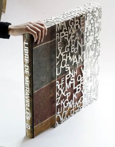 a person holding onto a piece of art made out of metal and wood with writing on it