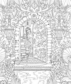 an adult coloring page with a woman in the doorway and flowers around her, surrounded by plants