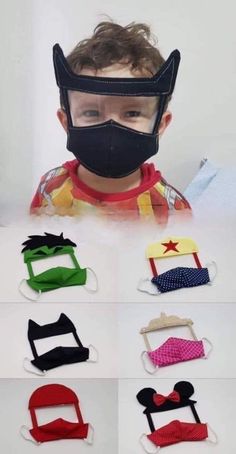 a young boy wearing a mask with different types of masks on it