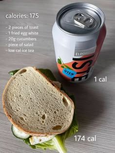 a can of soda and a sandwich on a table with information about the ingredients for it