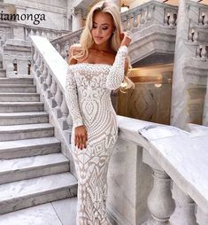 Off Shoulder Maxi White Long Dress · KoKo Fashion · Online Store Powered by Storenvy Sequin Mesh Dress, Fishtail Dress, Fitted Sleeves, Sequin Bodycon Dress, Long White Dress, Embroidered Maxi Dress, White Dresses For Women, Women's Evening Dresses, Maxi Dress Evening