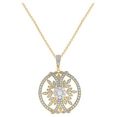 Raise the fashion bar with this stunning diamond pendant. This timeless design created in 18kt yellow gold, this circle cluster leaf pendant features 133 brilliant cut & single cut diamonds in prong and pave settings. Diamonds are graded as H-I color and I-2 clarity. Necklace suspends along a cable chain that secures with a spring-ring clasp. Diamond Circle Pendant, Necklace Indian, Gold Circle, Cluster Necklace, Rose Ring, Leaf Pendant, Circle Pendant, Jewelry Patterns, Cable Chain