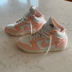 Nike Dunk Women’s 11.5 Never Worn, Only Tried On, No Box Fast Shipping!! The Nike Dunk High 1985 ‘Arctic Orange’ For Women Is A Fusion Of Unique Materials With The Original High-Top Silhouette. The Shoe's Upper Is Made Of White Leather With Overlays In Washed Faded Pink Denim Accented With Orange Contrast Stitching And Raw Edge Detailing. The Tongue Is Made Of Nylon And Features A Woven Nike Tag, While With Repeating Printed Nike Logos Appear On The Sockliner. The Midsole Has An Off-White Vintag Trendy Pink High-top Sneakers For Spring, Pink High-top Sneakers For Spring, Trendy Pink Mid-top Sneakers, Spring Pink High-top Sneakers With Round Toe, Spring Pink High-top Sneakers, Pastel High-top Sneakers For Streetwear, Nike Pastel High-top Sneakers, Nike Pink Skate Shoes For Sports, Nike Pastel Casual Sneakers