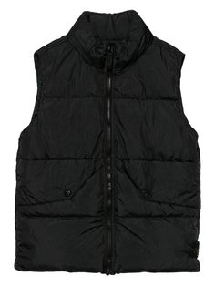 black quilted padded design front zip fastening funnel neck sleeveless elasticated cuffs two front flap pockets logo patch to the side full lining Black Sleeveless Functional Outerwear, Functional Black Winter Vest, Black Padded Collar Winter Vest, Black Winter Vest With Padded Collar, Black Functional Vest With Padded Collar, Functional Black Vest With Padded Collar, Black Vest With Padded Collar, Black Puffer Vest For Winter, Black Puffer Vest For Outdoor