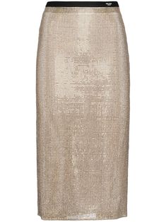 gold-tone/black rhinestone embellishment logo waistband elasticated waistband concealed side zip fastening partial lining semi-sheer construction pencil silhouette Construction Pencil, Sequins Skirt, Prada Skirt, Mesh Midi Skirt, Dream Wishlist, Pencil Silhouette, Column Skirt, Outfits Streetwear, Versace Outfit