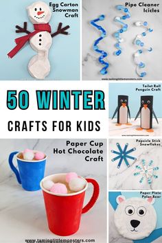 some paper cups and snowmen are on display with the words 50 winter crafts for kids