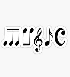 the word music with musical notes on it sticker is shown in black and white