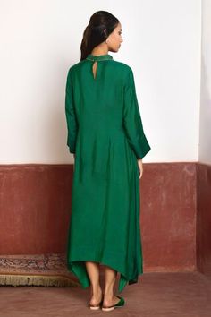 Green dress with asymmetrical hem. Comes with black Banarasi brocade jacket with woven floral patterns. - Aza Fashions Banarasi Jacket, Raw Silk Dress, Brocade Jacket, Banarasi Brocade, Green Floral Dress, Asymmetrical Hem, Jacket Women, Raw Silk, Asymmetrical Dress