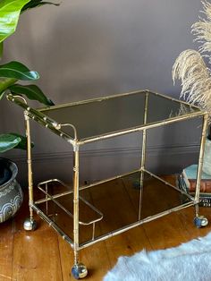 a gold metal serving cart with glass shelves and wheels on wooden floor next to potted plant