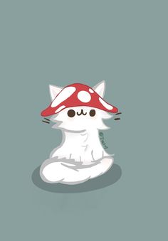 a white cat with a red mushroom on its head sitting in front of a blue background