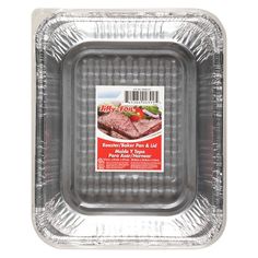 an aluminum foil tray with food in the bottom and plastic cover on top for sale