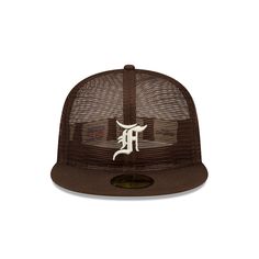 The Fear of God Essential Full Mesh Brown 59FIFTY Fitted Cap features an allover mesh crown with an embroidered Fear of God logo at the front panels, an MLB Batterman logo at the rear, and a green undervisor. Sports Mesh Baseball Cap With Flat Brim, Streetwear Flat Bill Hat With Mesh Back, Mesh Flat Brim Baseball Cap For Sports, Mesh Flat Bill Snapback Hat For Baseball Season, Flat Bill Mesh Hat For Baseball Season, Flat Brim Hats With Mesh Back For Streetwear, Baseball Season Hat With Mesh Back, Streetwear Mesh Baseball Cap, Embroidered Logo Mesh Snapback Hat