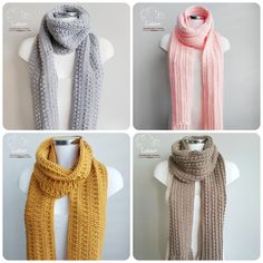 four different knitted scarves on mannequins