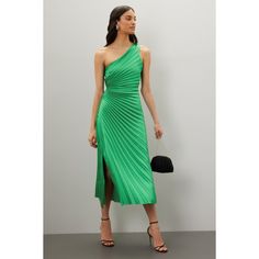 Green pleated (85% Nylon, 15% Metallic). Cocktail dress. Sleeveless. One shoulder. Pull-on closure. 58" from shoulder to hemline. Made in the USA of imported fabric. Rent The Runway, Closet Designs, Dress Sleeveless, Made In The Usa, One Shoulder, Cocktail Dress, Midi Dress, Sleek, Green