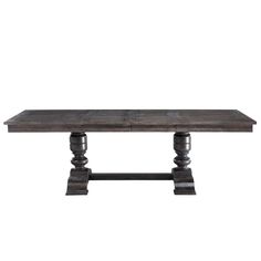 a large wooden table with two legs and an iron base on the top, against a white background