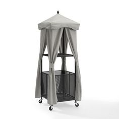 an outdoor gazebo on wheels with curtains and netting around the top, in front of a white background