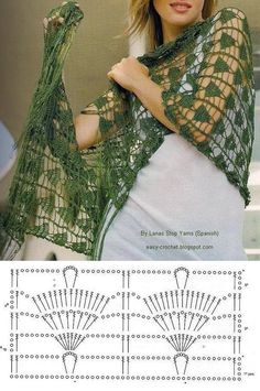 a woman wearing a lacy green shawl and holding her hands on her hips, in front of an openwork pattern