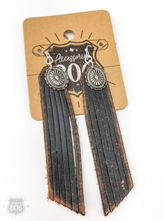 Silver Concho & Leather Fringe Earrings. These dangling earrings are a fun accessory for your trip to Nashville with the girls, the rodeo or just a fun night out at a country music concert. The conchos are silver metal. Choose from black or brown leather. Country Girl Gifts, Leather Fringe Earrings, Country Music Concert, Country Music Concerts, Diy Leather Earrings, Cowgirl Jewelry, Cactus Design, Music Concert, Dangling Earrings