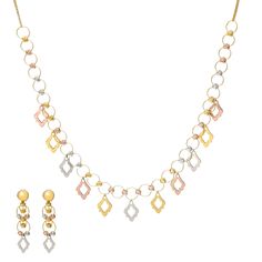 Step into opulent charm of this 22k gold necklace and earring set by Virani Jewelers. This sophisticated 22k multi-tone gold jewelry set is an embodiment of simplistic beauty. Adorn yourself with this celebration of minimal gold jewelry that captivates with a harmonious blend of elegance and opulence. Let every detail of this 22k gold necklace and earring set become a statement of your refined style. Features • 22k yellow gold • 22k white gold • 22k rose gold Necklace Specifications: • Minimum W Elegant Yellow Gold Multi-stone Necklace, 22k Dual-tone Yellow Gold Necklaces, Traditional 22k Gold Multi-stone Necklaces, Luxury Multi-strand Yellow Gold Necklace, Minimal Gold Jewelry, Gold Jewelry Set, Stone Step, Gold Bollywood Multi-stone Necklace, 22k Gold Necklace