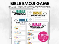 the bible emoj game is shown in three different colors and font, with an image of