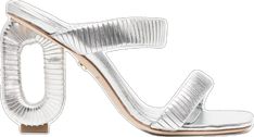 Luxury Silver Mules For Party, Luxury Silver Open Toe Mules, Luxury Metallic Mules For Summer, Luxury Silver Mules With Sculpted Heel, Modern Silver Open Toe Mules, Luxury Silver Mules With Padded Heel, Sleek Silver Sandals With Sculpted Heel, Sleek Silver Sandals With Padded Heel, Luxury Metallic Open Toe Mules