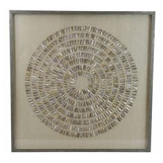 a framed art piece with a circular design on the front and bottom, hanging in a silver frame