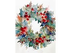 a watercolor christmas wreath with red berries and green leaves