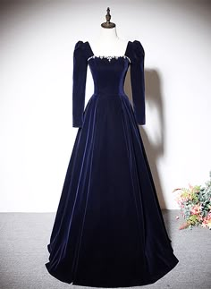 Formal Dress Blue, Blue Velvet Gown, Navy Blue Prom Dresses, Beaded Formal Dress, Marine Uniform, A Line Prom Dress, Velvet Prom Dress, Navy Blue Velvet, Blue Dress Formal