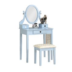 a blue vanity table with a mirror and stool