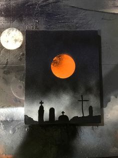 an image of a graveyard scene with the moon in the sky and clouds behind it